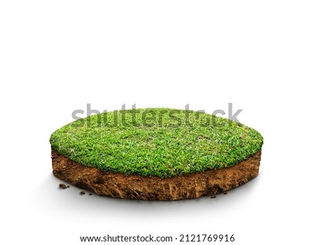 3D Illustration, round soil ground cross section with earth land and green grass, realistic ground ecology, cutaway terrain floor with rock isolated on white background. Royalty-Free Stock Photo #2121769916
