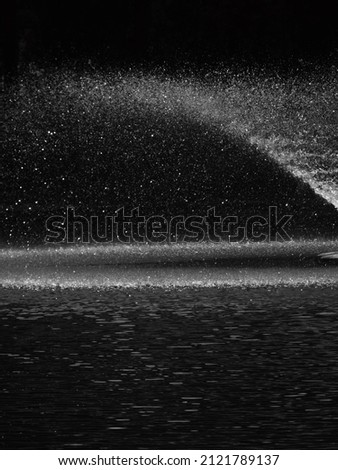 stream of splashing water droplets of a fountain in a pond in the park, black and white style Royalty-Free Stock Photo #2121789137
