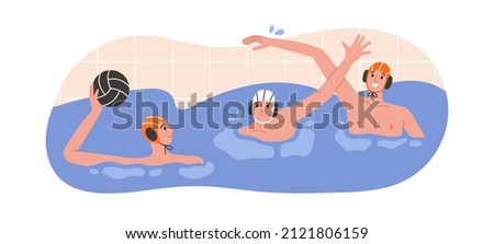 Vector illustration of water polo players in action. Young swimmers in caps. Game, competition in swimming pool. Water polo, swimming and water sports concept. Vector illustration.