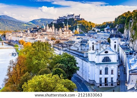 Salzburg, Austria. Beautiful view of Salzburg skyline with Hohensalzburg castle and oldtown, Salzburger Land, Austria. Royalty-Free Stock Photo #2121833063