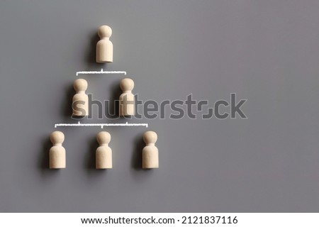 Company hierarchical organizational chart using wooden dolls on grey background with copy space.  Royalty-Free Stock Photo #2121837116