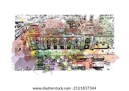 Building view with landmark of Medellín is the 
city in Colombia. Watercolor splash with hand drawn sketch illustration in vector.