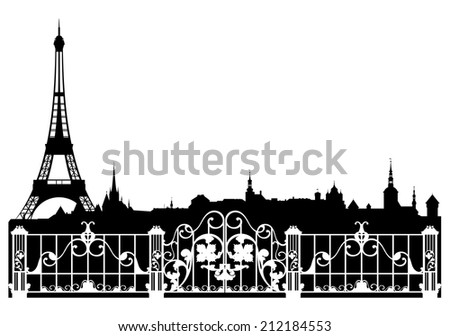 Paris city easy editable decorative border - french cityscape with eiffel tower silhouette