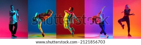 Collage. Two young active couple, boys and girls dancing contemp, hip hop isolated over multicolored backgroung in neon. Concept of youth culture, movement, active lifestyle, action, street dance, ad