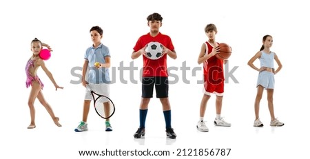Collage of spotive children in action isolated on white background. Football, tennis, basketball players, karate sportsman, runner athlete, rhytmic gymnast. Concept of sportive and active childhood