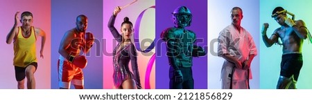 Collage. Portraits of young sportive people, men and woman training isolated over multicolored background in neon. Concept of sport, active and healthy lifestyle. Copy space for ad