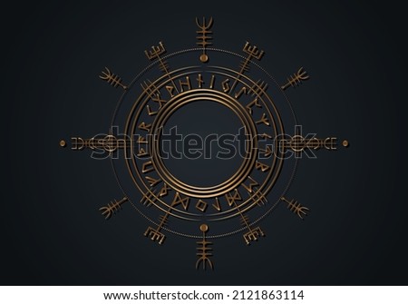Viking Pagan Asatru Runic Compass, Vegvisir Rune Circle Viking Norse Mythology. Golden Protective talisman. Magical Navigator Compass for the wandering. Vector isolated on black background Royalty-Free Stock Photo #2121863114
