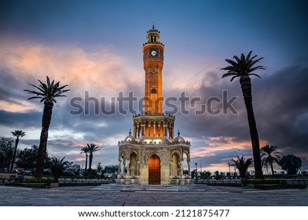 Izmir Clock Tower view in Konak square. Famous place. Sunset colors Royalty-Free Stock Photo #2121875477