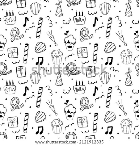Happy birthday doodle black elements seamless pattern with birthday cake and garlands.