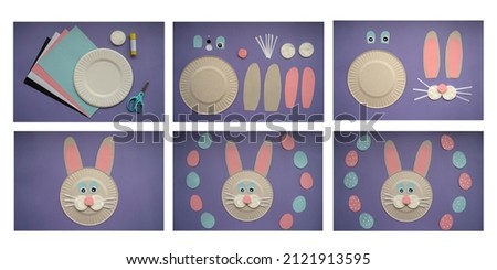 Easter card handmade. Step by step photo instruction. Children's art project. DIY concept. Very Peri background color 2022. Top view, Flat lay.