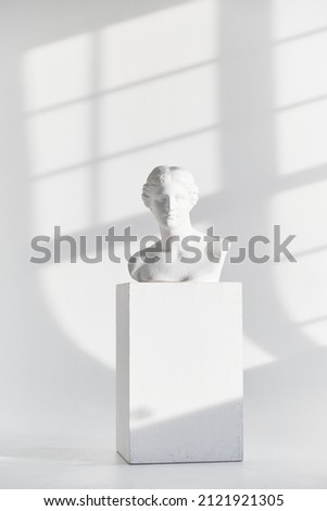 the plaster head of an antique girl stands on a pedestal on a white background Royalty-Free Stock Photo #2121921305