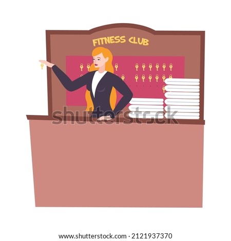 Fitness club composition with view of reception table with female receptionist and cabinet with keys vector illustration