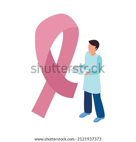 Cancer control isometric composition with male character of doctor with ribbon cancer sign vector illustration