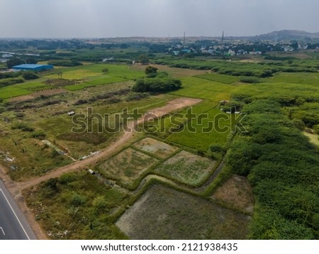 drone shot aerial view top angle bright sunny day houses in ruralside india between agricultural fields fertile lands cultivated landscape background natural scene lakes ponds hills 