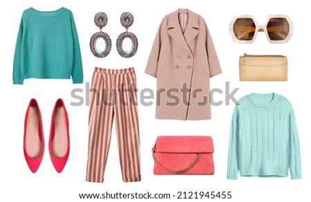 Women's fashion clothes isolated on white. Female clothing outfit. Spring collection. Royalty-Free Stock Photo #2121945455