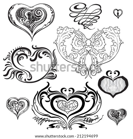 Set of decorative hearts in different styles.Vector illustration.