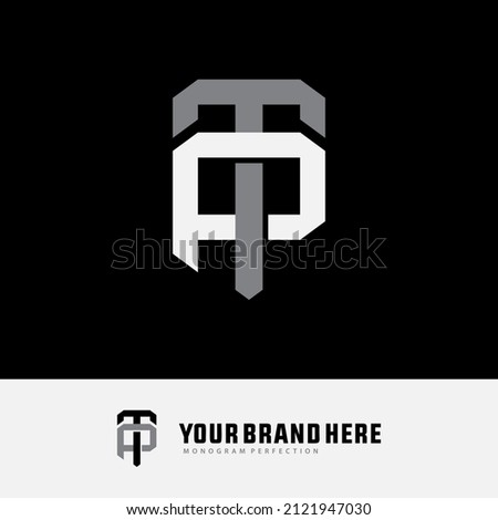 Monogram Logo, Initial letters P, T, PT or TP, Interlock, Modern, Sporty, White and Gray Color on Black Background