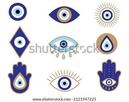 Set of mystical hamsa. Collection of  different amulet blue evil eye or Turkish eye. Modern amulet for protection. Spirituality sign. Royalty-Free Stock Photo #2121947225