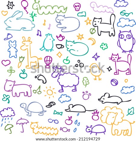 set of cartoon animals, hand drawn design elements