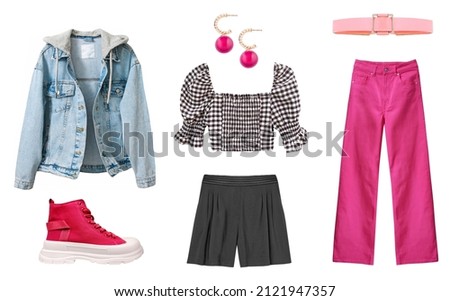 Trendy fashion apparel. Girl's clothes isolated. Female clothing set. Collection of teen's wear. Royalty-Free Stock Photo #2121947357