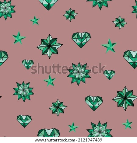 Vector Coral Origami hearts and stars background pattern