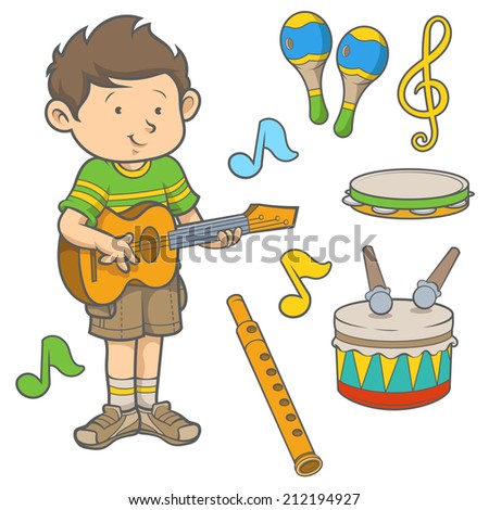 A boy playing guitar with music instrument isolated over white background. 