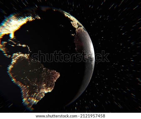 A picture from space of the planet Earth and time travel at the speed of light