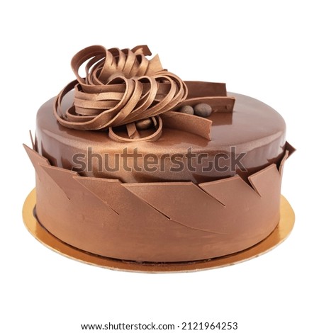 Chocolate cake on a white background. plain brown decorative birthday cake