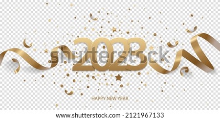 Happy New Year 2023. Golden numbers with ribbons and confetti on a transparent background. Royalty-Free Stock Photo #2121967133