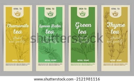 Herbal tea labels set: chamomile tea, lemon balm, green tea, thyme. Sketchy vector hand-drawn illustrations. Royalty-Free Stock Photo #2121981116