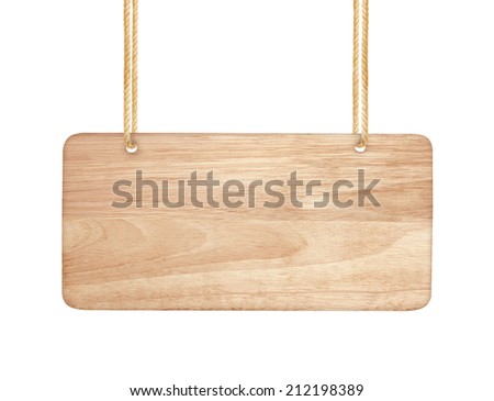 empty wooden sign hanging on a rope on white background