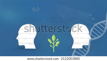 Two human head models and plant icon against medical data processing on blue background. medical research and technology concept