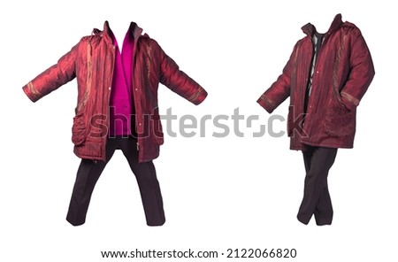 two women's black pants, autumn dark red coat and knitted red sweater isolated on a white background. fashionable casual wear