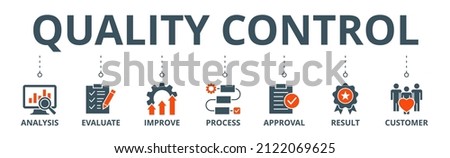 Quality control banner web icon vector illustration concept for product and service quality inspection with an icon of analysis, evaluation, improve, process, approval, result, and customer Royalty-Free Stock Photo #2122069625