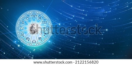 Zodiac signs inside of horoscope circle. Astrology in the sky with many stars and moons  astrology and horoscopes concept Royalty-Free Stock Photo #2122156820