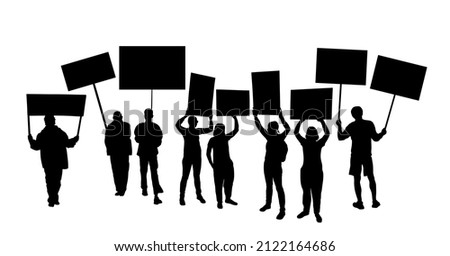 Group of people protesters vector silhouette illustration isolated. Man hand holding sign. Empty banner plate. Blank protest flag. Political agitation campaign. Demonstration social laborers rights Royalty-Free Stock Photo #2122164686