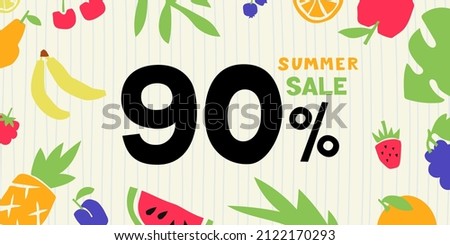 Summer sale. 90 percent. Colorful cutouts fruits and berries. Shape colored cardboard or paper.