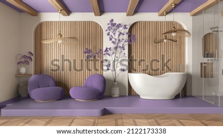 Modern creative liliac and wooden bathroom, open space with parquet and concrete floor. Roof beams, shower, free standing bathtub, relax space with armchairs. Spa interior design idea, 3d illustration