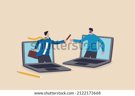 Outsourcing hiring outside worker to perform service, pass or transfer work to other team, remote work or telework concept, businessman boss pass or relay baton to outsource team to work remotely. Royalty-Free Stock Photo #2122173668