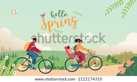 Spring bicycle trip. Hello spring concept. Landscape with a cute couple going cycling on the road and lettering. Spring landscape with  blooming trees and flowers. Vector illustration in flat style