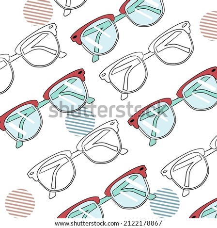 Pattern of glasses. Vector fashionable pattern. Suitable for posters, social networks, optics store. Glasses drawn with overcoats and in color stripe style