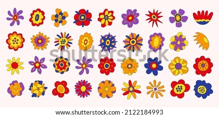 Big retro collection of colorful hippie flowers. Vintage festive groovy botanical design. Trendy vector illustration in 70s and 80s style.	
