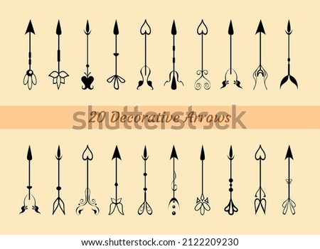 Hand-drawn decorative ethnic fantasy arrows. Set of ornate vector elements for design, prints, decoration, Valentine etc