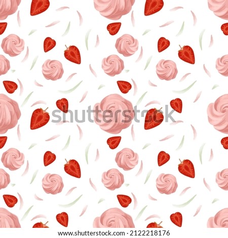 vector pattern with marshmallows and strawberries. pattern for packing sweets and flowers