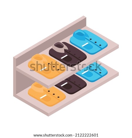 Isometric clothing store shopping composition with isolated image of showcase with colorful shirts vector illustration