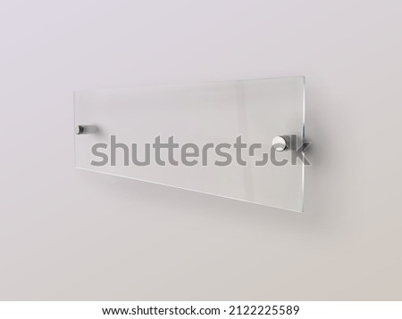 Wide transparent rectangle glass nameplate plate on spacer metal holders. Clear printing board for branding. Acrilic advertising signboard on white background mock-up side view. proportional 1 to 3. Royalty-Free Stock Photo #2122225589