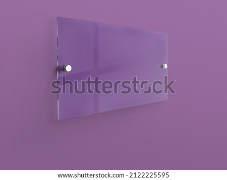 Wide rectangle Transparent glass nameplate plate on spacer metal holders. Acrilic advertising signboard on dark violet background mock-up side view. proportional 1 to 2.