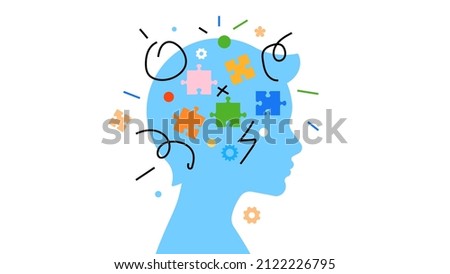 Children mental health and think concept. Little boy with colorful elements inside his head. Vibrant puzzle, gears, shapes, scribbles. Modern abstract illustration for cover, poster, presentation. Royalty-Free Stock Photo #2122226795