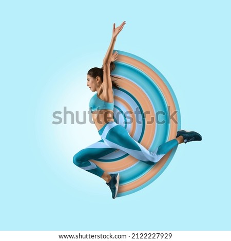 Sporty young woman running on art paint background. Flyer. Concept of sport, running, achievements, competition, championship Royalty-Free Stock Photo #2122227929