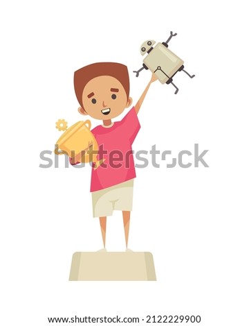 Robotics kids education composition with cartoon character of boy on winners podium with cup and robot vector illustration